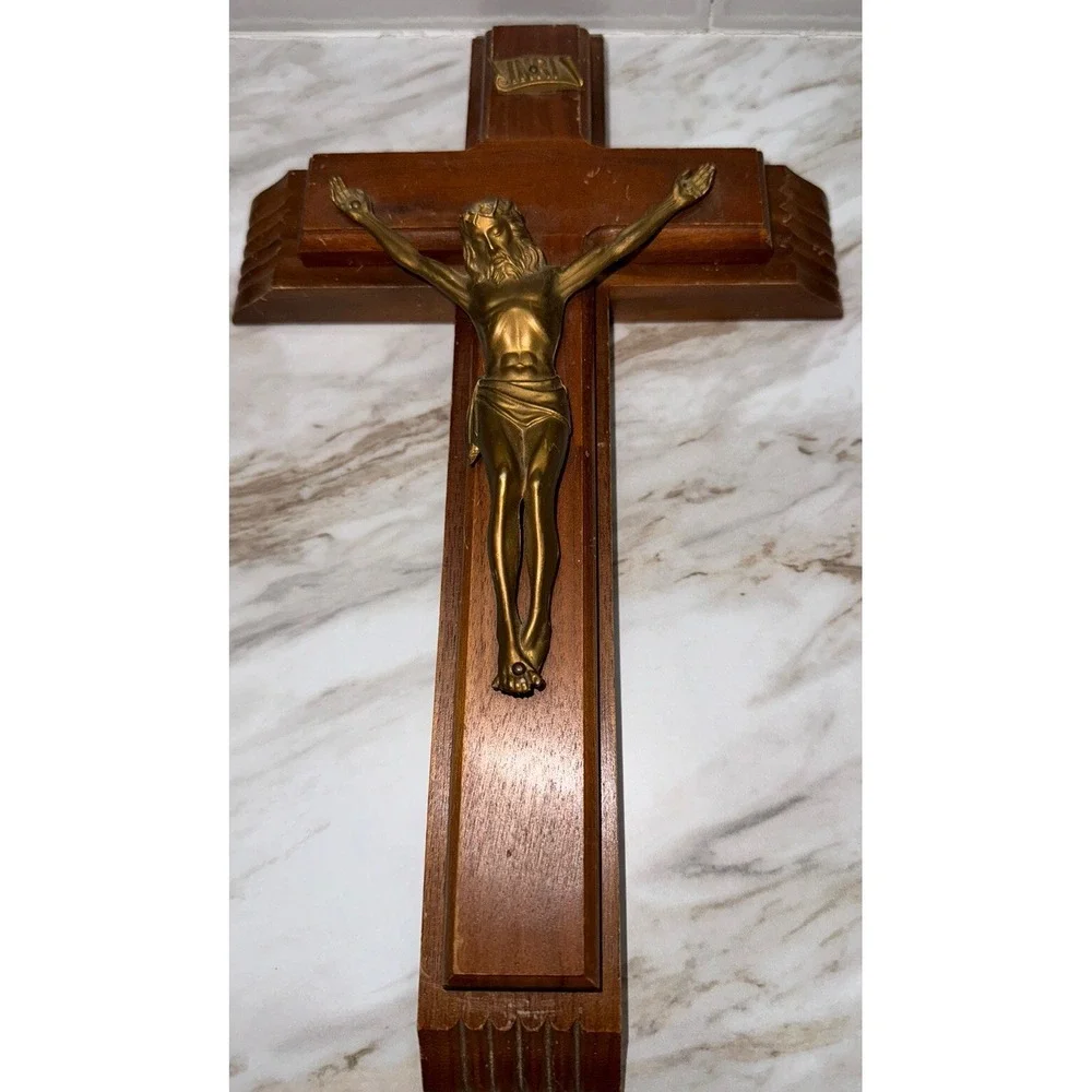 VTG  MCM Crucifix INRI  Wood Slide  Crucifix wCompartment‎ Bottle/Candles